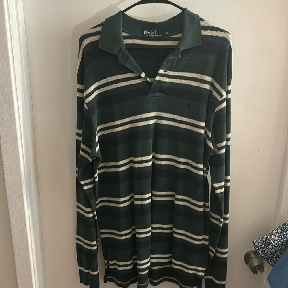 Polo Ralph Lauren Collared Shirt - Long Sleeve - Green w Stripes - XL